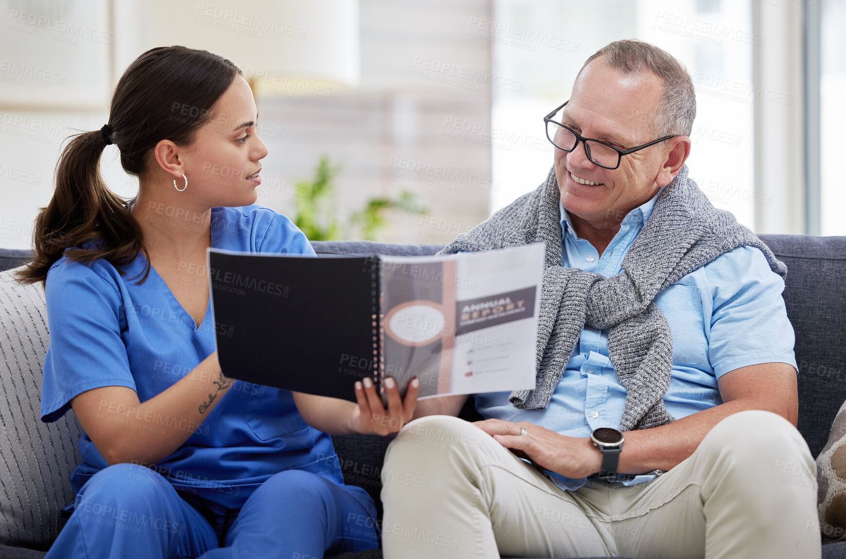 Buy stock photo Woman, doctor and businessman with paperwork in office, discuss hospital budget and finance plan. Mature client, clinic investor and annual report to review, accounting and nurse for file document