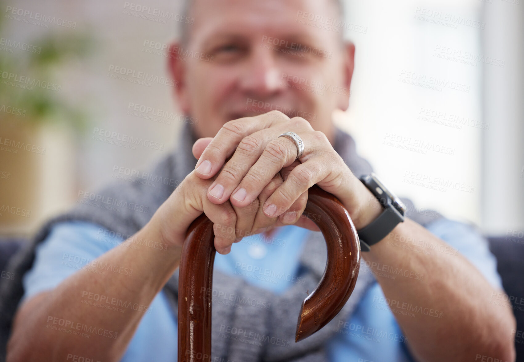 Buy stock photo Senior man, portrait and hands with cane for support, trust or elderly care at old age home. Closeup, mature or male person with walking stick for mobility, movement or assistance at retirement house