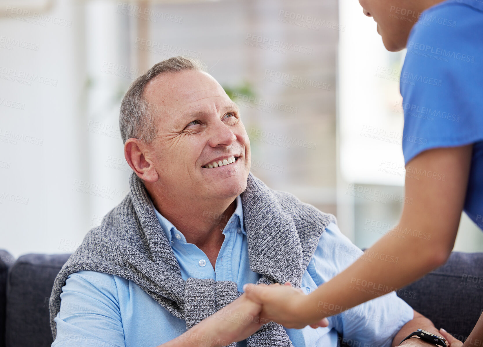 Buy stock photo Senior man, nurse and helping hand in home for kindness, support and happy on sofa in lounge. Elderly care, caregiver and comfort in nursing house for companion, homecare and healthcare with empathy