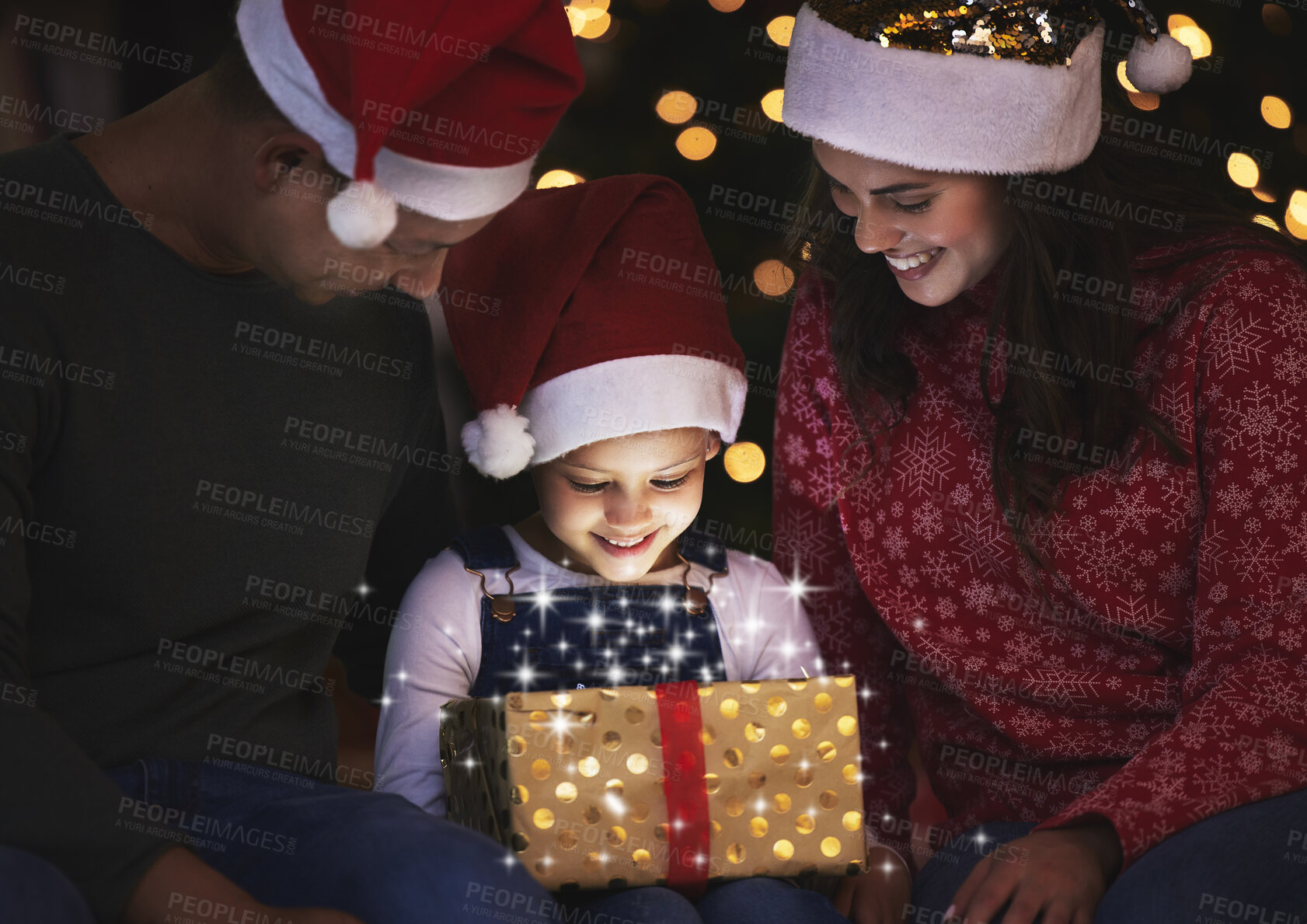 Buy stock photo Christmas, parents and girl with gift, house and bonding together with festive season, love and holiday. Xmas, family and father with mother, daughter and present with smile, vacation and celebration