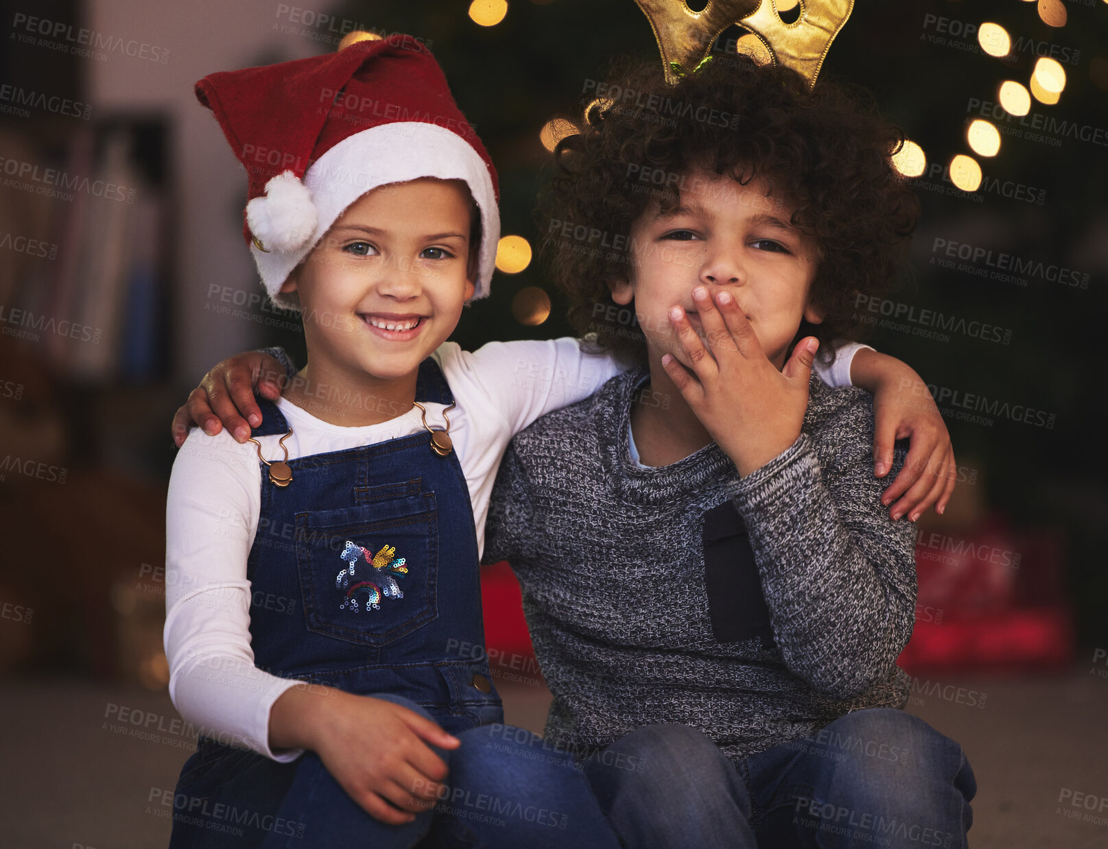 Buy stock photo Christmas, portrait and love with children at night for festive magic, Noel cheer and xmas celebration. Happy, winter holiday and decorations with kids in family home for present, vacation or light