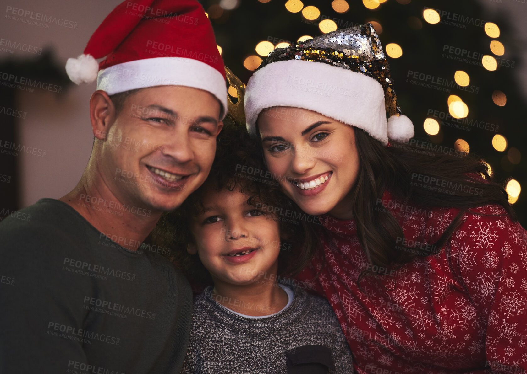 Buy stock photo Christmas, portrait and love with family at night for festive magic, Noel cheer and xmas celebration. Happy, winter holiday and decorations with people at home for present, vacation or light