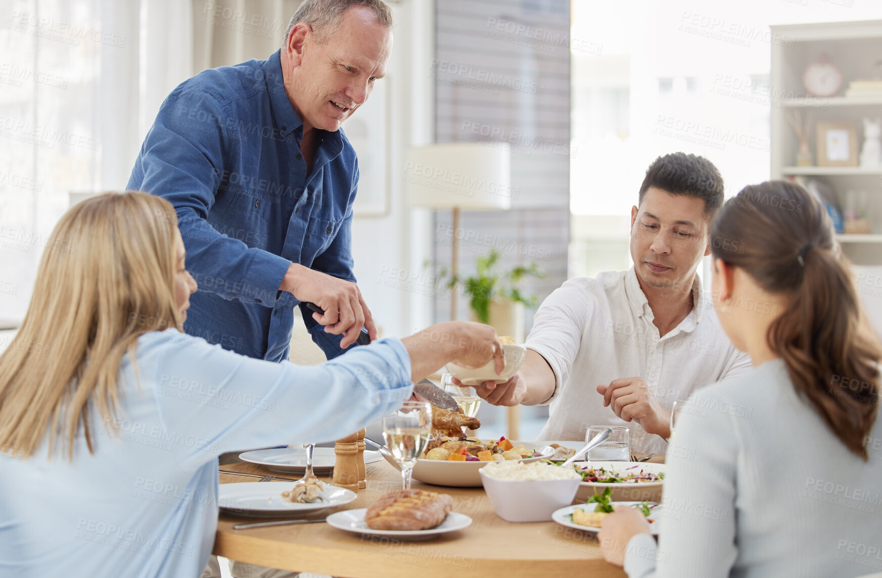 Buy stock photo Wine, relax and food with family at dining room for Thanksgiving celebration, festive holiday and brunch. Support, love and party with people and dinner for nutrition, grateful and tradition at home