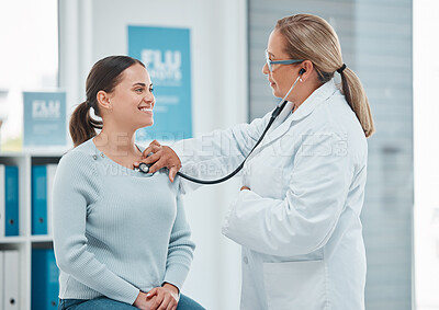 Buy stock photo Healthcare, doctor exam with woman patient and consultation with stethoscope at a hospital. Medicine or health wellness, cardiology and surgeon medical test with a female person in a clinic building