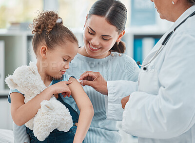 Buy stock photo Mom, girl and doctor with vaccine injection, cotton ball and flu shot on arm for disease prevention in hospital. Woman, pediatrician or nurse and immunity of child against virus, bacteria or covid