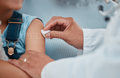 Buy stock photo Doctor, hands or patient with cotton for injection, vaccination or flu shot at hospital appointment. Closeup, shoulder or medical worker with disinfectant for vaccine, antibiotic or needle at clinic