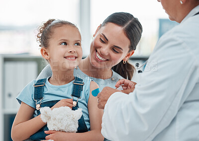 Buy stock photo Girl, mom and doctor with vaccine injection, cotton ball and flu shot on arm for disease or covid prevention in hospital. Woman, nurse and child with pediatrician help with bandaid, teddy or health