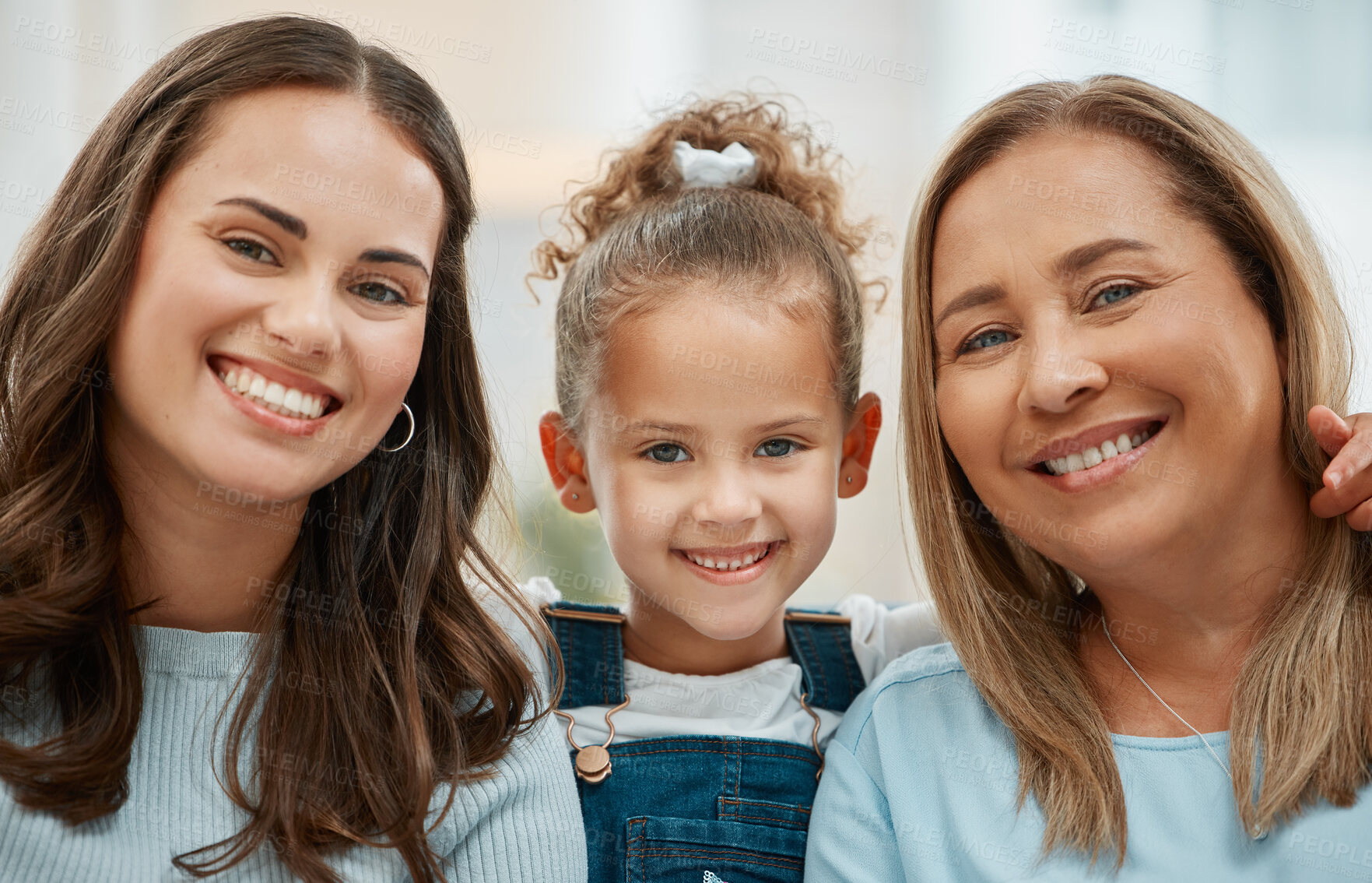 Buy stock photo Home, grandmother and mom with child in portrait, connection and generations with smile in lounge. Grandparent, mama and girl with hug embrace for bonding, childhood or happy for relax in living room