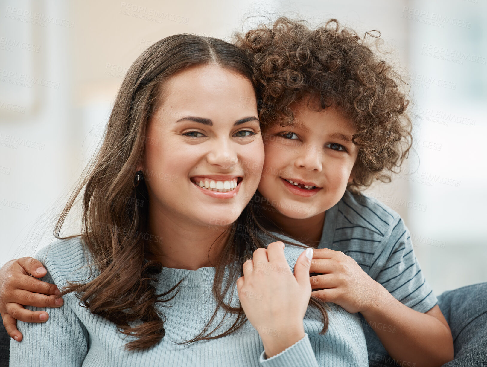 Buy stock photo Mother, son and happy in portrait for bonding, relax and support with hug, care and connection in house. Woman, face and boy for weekend, family and development in apartment with people or embrace