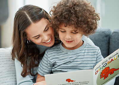 Buy stock photo Shot of a young mother reading to her son
