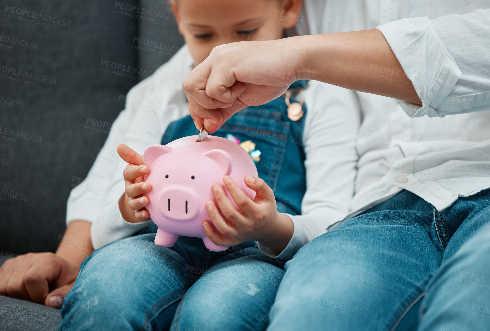 Buy stock photo Hands, parent and child with piggy bank or growth for savings, budget or coins in family home. Development, teaching or kid holding moneybox for learning financial freedom, education or investment