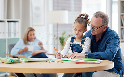 Buy stock photo Grandpa, child and writing in home for education, support or helping with homework. Elderly man, girl and books in living room for learning, assistance or knowledge development with advice for growth