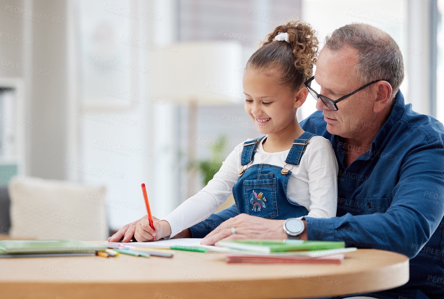 Buy stock photo Grandpa, kid or writing in home for education, support or helping with homework. Elderly man, happy girl or books in living room for learning, knowledge or creative development with advice for growth