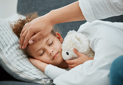 Buy stock photo Father, hand and girl on couch, sick and infection with disease,  check temperature and virus in lounge. House, closeup and dad with daughter on sofa, fatigue and love with care, recovery and fever