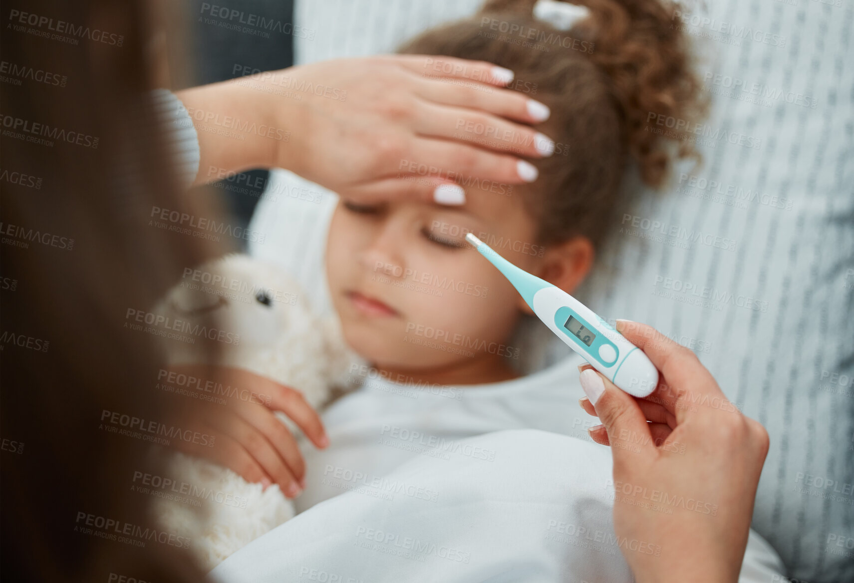 Buy stock photo Sick kid, hands and thermometer to check temperature in home for virus, fever or mpox. Mother, child and touch forehead for disease, allergy and help girl for support or healthcare recovery closeup