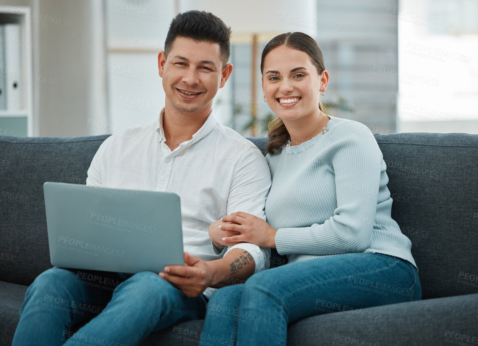 Buy stock photo Portrait, laptop and couple with living room, sofa and relax in house or apartment for date. Smile, love and man with woman with funny video, meme or internet for online streaming or movie at home