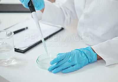 Buy stock photo Hands, pipette and petri dish in lab for science, innovation or medical research with liquid sample. Container, chemistry and scientist person for genes editing breakthrough, vaccine or biotechnology