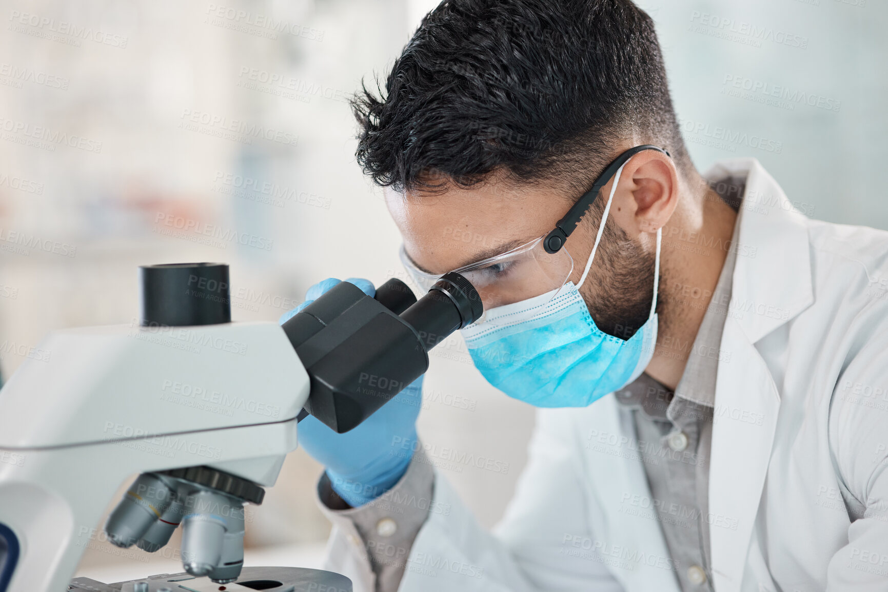 Buy stock photo Man, science lab and medical research with mask, microscope and scientist in experiment. Male person, innovation and pathology test for results, analysis or mpox vaccine in hospital or pharmaceutical