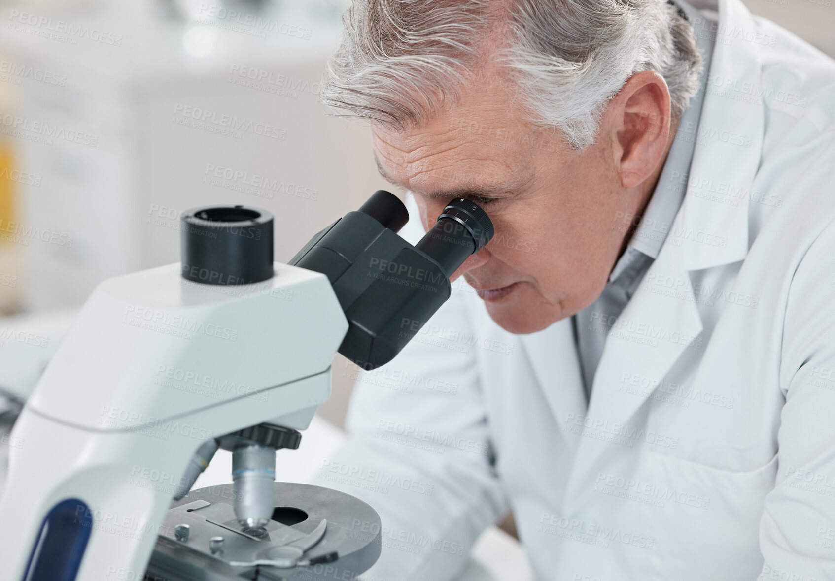 Buy stock photo Mature man, scientist and medical research with microscope in science lab for experiment in pharmaceutical. Male person, innovation and pathology test for results, analysis and mpox vaccine in clinic