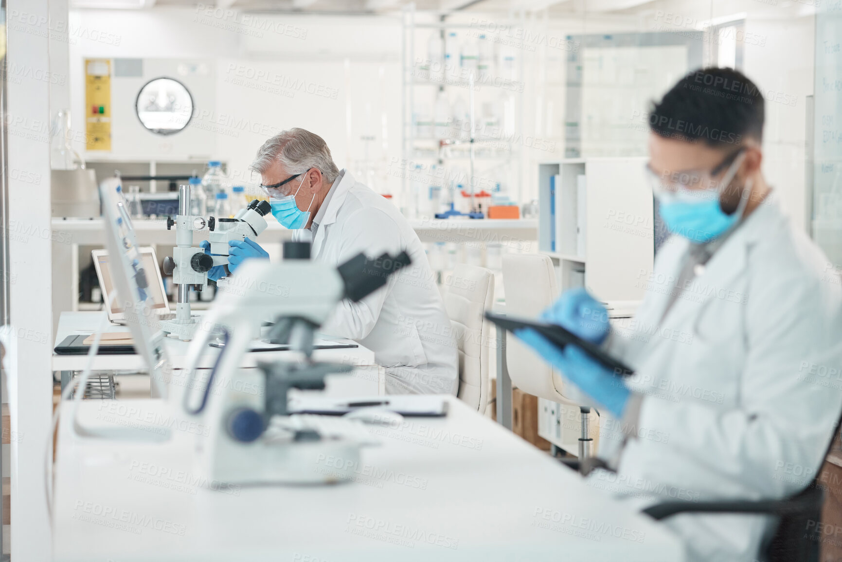 Buy stock photo Shot of a mature scientist using a microscope in a lab