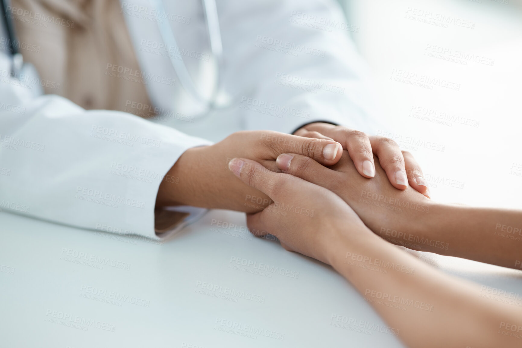 Buy stock photo Holding hands, doctor and person with comfort in office for consultation, medical news and treatment advice. People, support and healthcare feedback for health diagnosis, empathy and healing solution