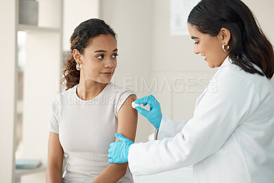 Buy stock photo Patient, consultation and cotton with doctor for vaccine for wellness and safety from virus. Healthcare, hospital and disinfect woman for vaccination with a smile to help with medicine for arm.