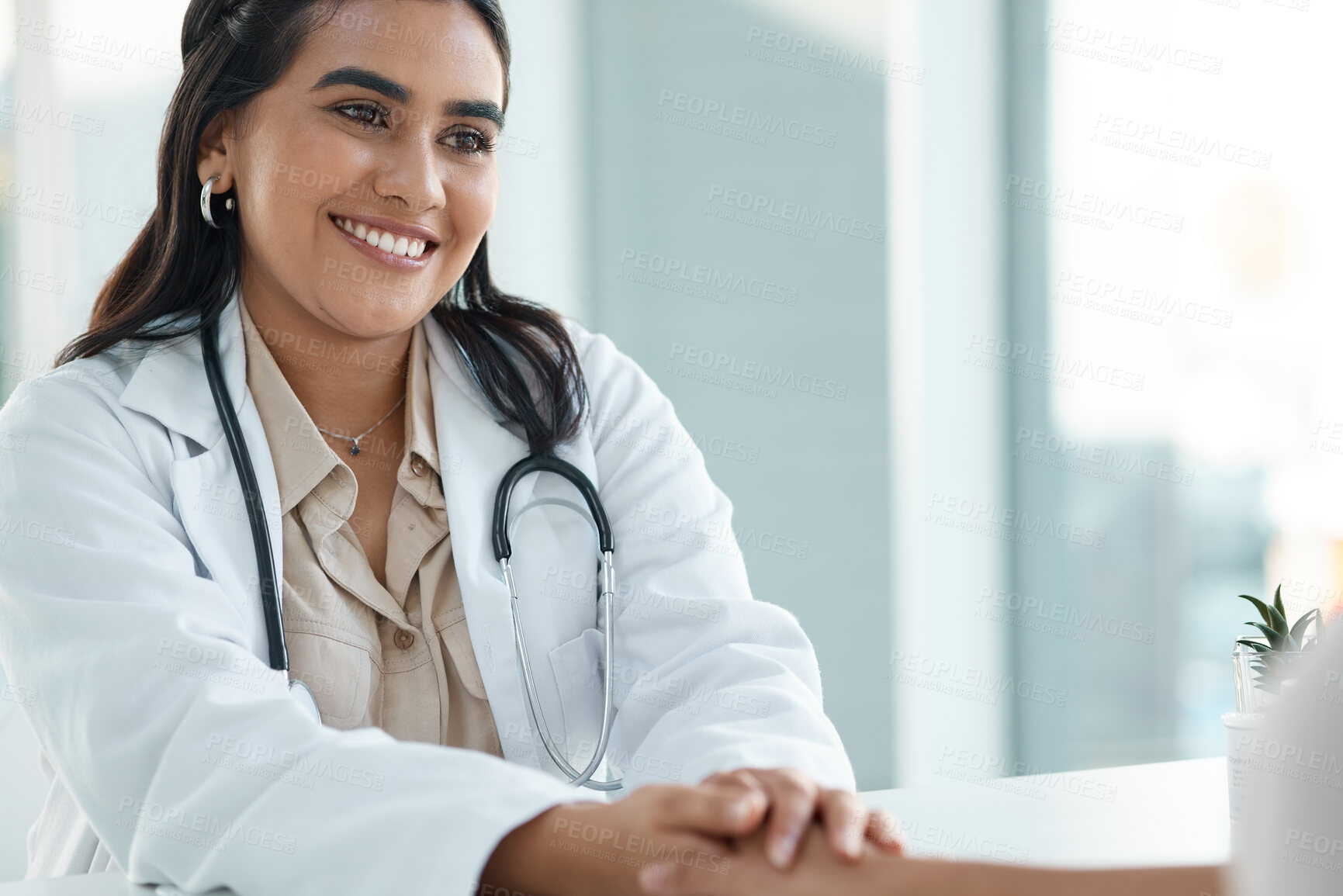 Buy stock photo Woman, doctor and holding hands of patient in office for consultation, medical news and treatment advice. People, support and healthcare feedback for health diagnosis, empathy and wellness solution