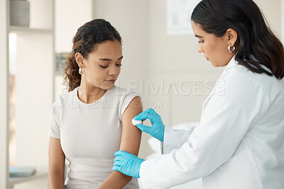 Buy stock photo Healthcare, cotton and arm for vaccine at the hospital for safety or cure for virus or disease. Doctor, clinic and patient before vaccination for consultation with gloves for medical care and help.
