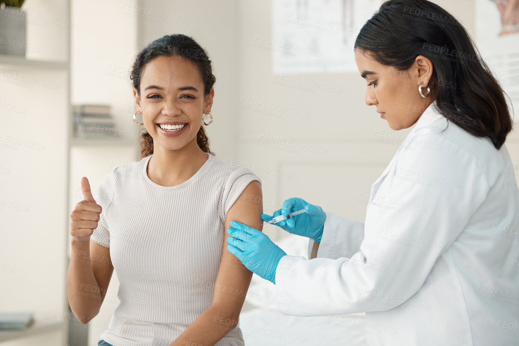 Buy stock photo Woman, doctor and thumbs up with needle at clinic for vaccine injection, medical safety and virus protection. People, agreement and syringe for immune system, drugs treatment and mpox pharmaceutical 