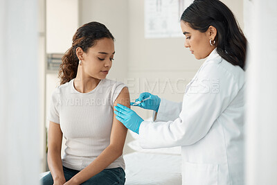 Buy stock photo Healthcare, vaccine and patient with injection for consultation about virus and treatment. Doctor, needle and consulting for vaccination and wellness with help at the clinic with gloves for safety.