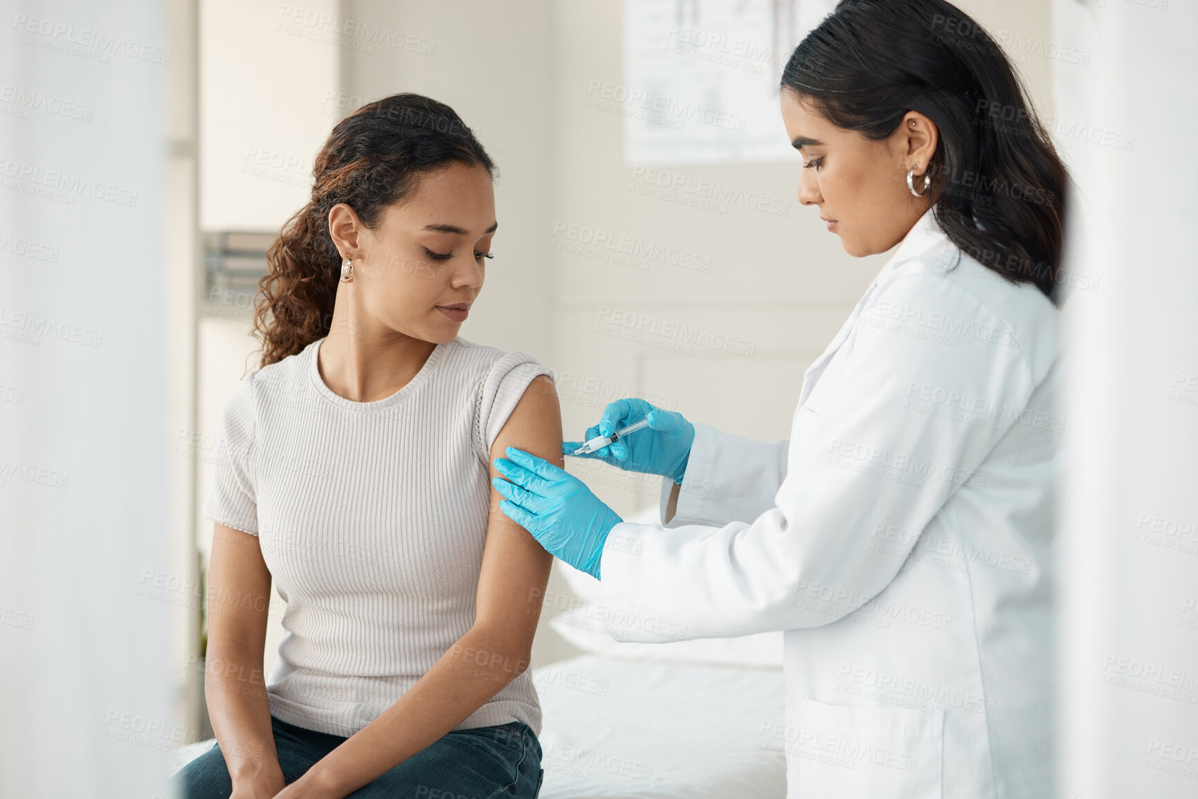 Buy stock photo Healthcare, vaccine and patient with injection for consultation about virus and treatment. Doctor, needle and consulting for vaccination and wellness with help at the clinic with gloves for safety.