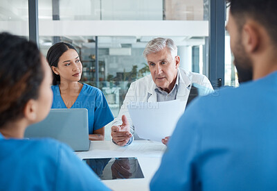 Buy stock photo Medical team, document or people planning in meeting for discussion, learning healthcare or training. Doctor, nurses or intern on computer with paperwork for advice, help or mentor coaching in clinic