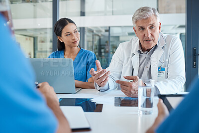 Buy stock photo Hospital, medical team and meeting with paperwork for feedback, report and results. Boardroom, healthcare professionals and people for expert diagnosis on teamwork, coworking and collaboration