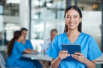 Buy stock photo Hospital, doctor and portrait of woman on tablet for medical analysis, research and internet. Healthcare, clinic and happy female nurse on digital tech for wellness app, online consulting and service