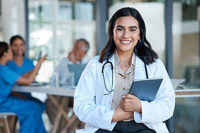 Buy stock photo Healthcare, doctor and portrait of woman on tablet for medical analysis, research and internet. Hospital, clinic and happy female nurse on digital tech for wellness app, online consulting and service