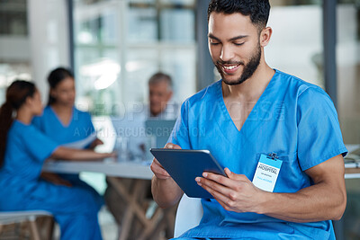 Buy stock photo Hospital, doctor and man on tablet for medical analysis, research and report in team meeting. Healthcare, clinic and happy male nurse on digital tech for wellness app, online consulting and service