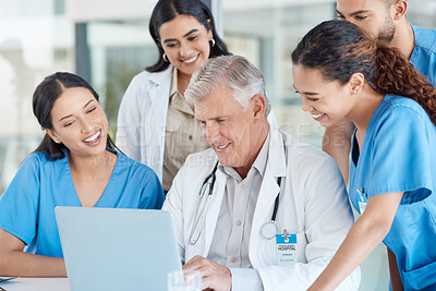 Buy stock photo Hospital, teamwork and doctors in meeting on laptop for medical analysis, research and internet. Healthcare, clinic and men and women on computer for telecommunication, online consulting and service
