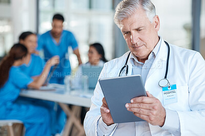 Buy stock photo Meeting, doctor and senior man with tablet for medical analysis, research and report in hospital. Healthcare, clinic and male worker on digital tech for wellness app, online consulting and service