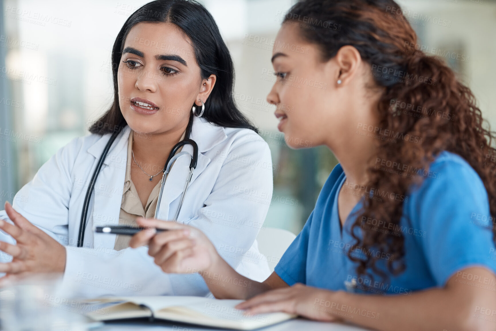 Buy stock photo Woman, doctor and nurse meeting at desk for hospital schedule, medical advice or planning. Consultation, collaboration and professional healthcare team in workshop for agenda discussion in office