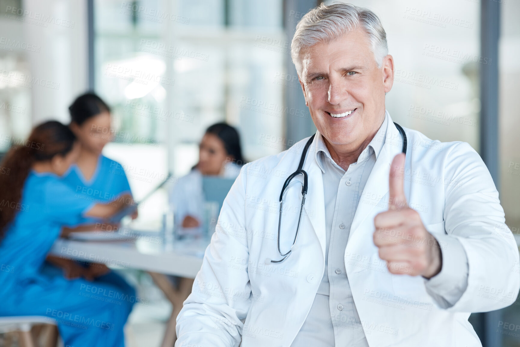 Buy stock photo Healthcare, doctor and portrait of man with thumbs up for success, approval and great service. Medical, excellence and mature worker with gesture at hospital for thank you, agreement and motivation