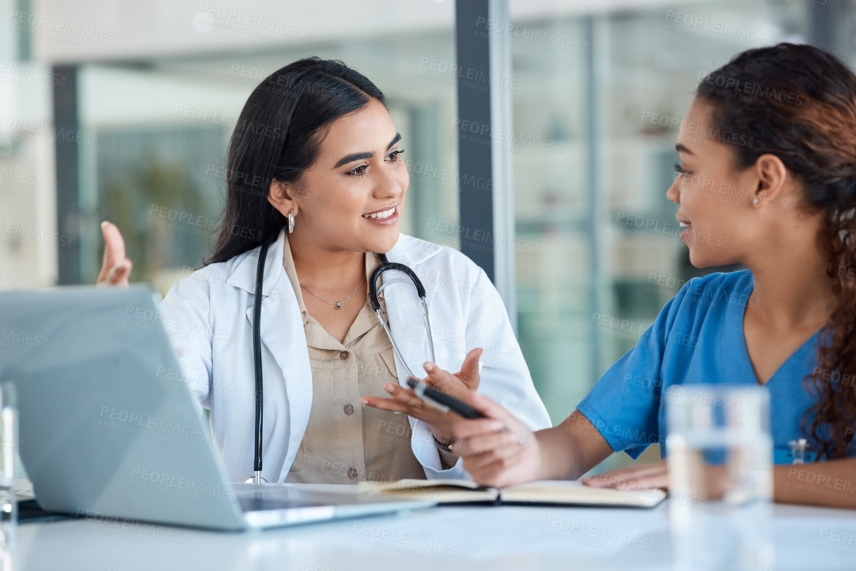 Buy stock photo Hospital, doctors and women in discussion on laptop for medical analysis, research and internet. Healthcare, clinic and female health workers talking on computer for diagnosis, consulting and service