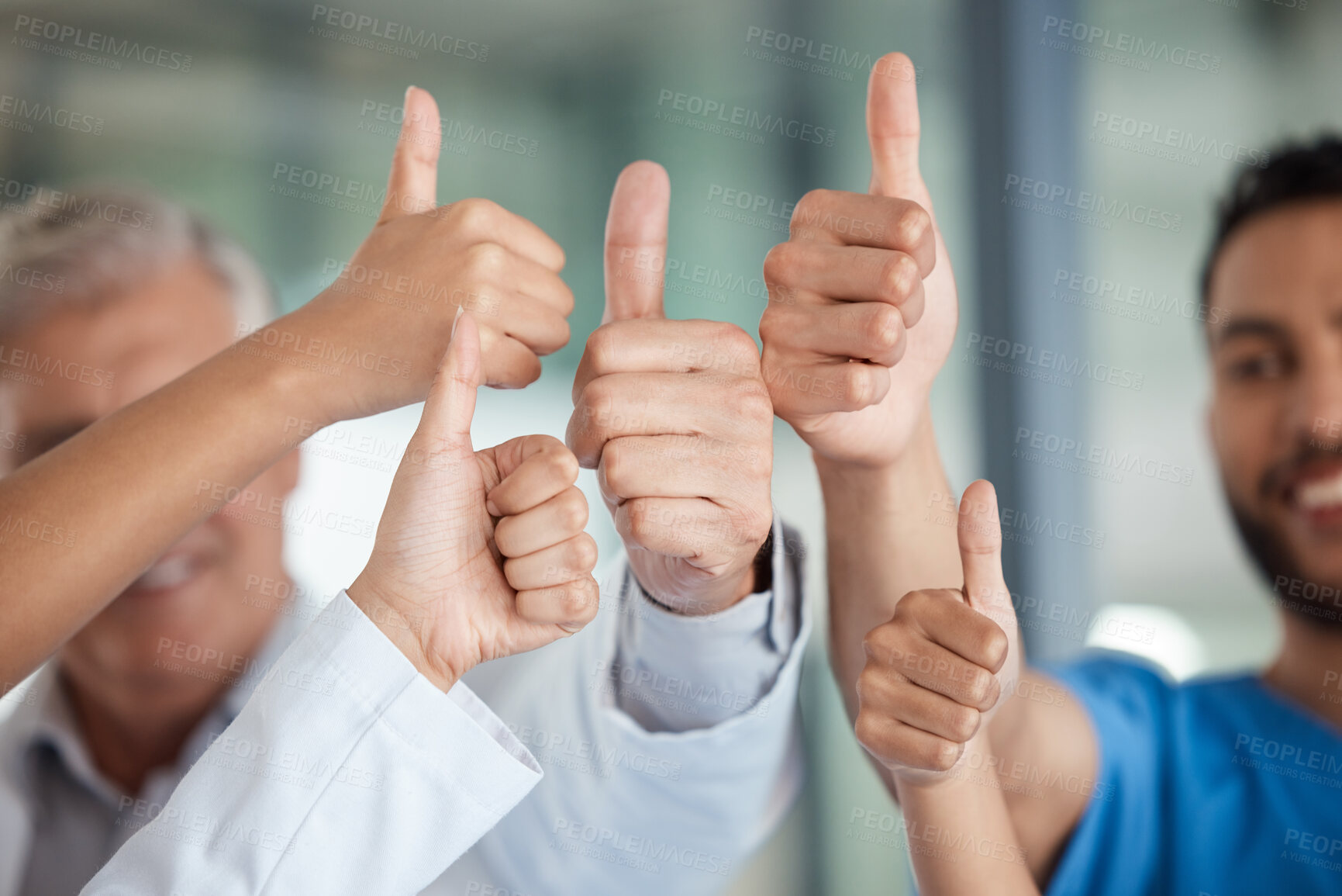 Buy stock photo Hands, medical team and happy with thumbs up for approval, collaboration and teamwork. Clinic, people and smile as healthcare professional for service, agreement and coworking with partnership