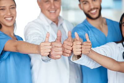 Buy stock photo Portrait, medical team and smile with thumbs up for approval, collaboration and teamwork. Clinic, people and happy as healthcare professional for service, agreement and coworking with partnership