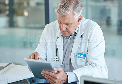 Buy stock photo Hospital, doctor and senior man on tablet for medical analysis, research and report. Healthcare, clinic and elderly male health worker on digital tech for wellness app, online consulting and service