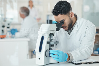 Buy stock photo Man, scientist and microscope for research in lab with disease experiment, medical study and dna process. Researcher, biotechnology and molecule exam with engineering, vaccine and healthcare solution