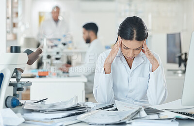 Buy stock photo Science, stress and woman in laboratory with documents for medical analysis, research and study. Healthcare, biotechnology and scientist with paperwork for burnout, fatigue and frustrated at desk