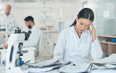 Buy stock photo Science, stress and woman in laboratory with headache for medical analysis, research and study. Healthcare, biotechnology and scientist with documents for burnout, migraine and frustrated at desk