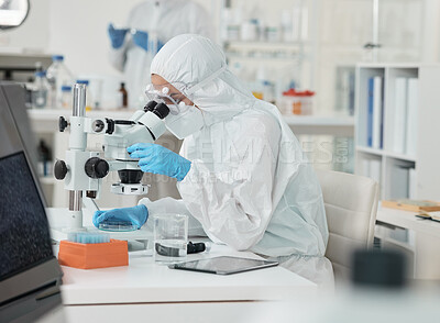 Buy stock photo Microscope, ppe and woman scientist checking bacteria, test results or pharmaceutical innovation with mask. Safety, gear and lab technician with virus research, medical danger or vaccine development