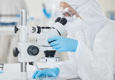 Buy stock photo Microscope, mask and woman scientist checking virus, test results or pharmaceutical innovation with ppe. Safety, gear and lab technician with bacteria research, medical danger or vaccine development