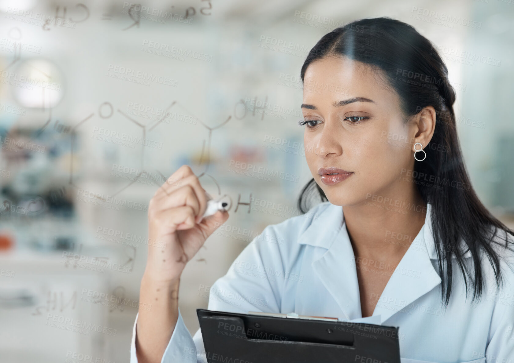 Buy stock photo Girl, scientist and formula on glass in lab for problem solving, medical planning and science experiment. Woman, researcher and tablet with molecule process, healthcare equation and vaccine solution